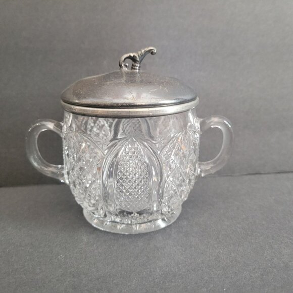 Vintage Clear Pressed Glass Sugar Bowl With Metal Lid & Dual Handles - Picture 1 of 9